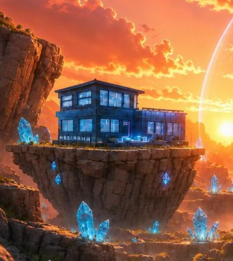 A floating crystal house drifting over fractured V3RSE terrain at sunset